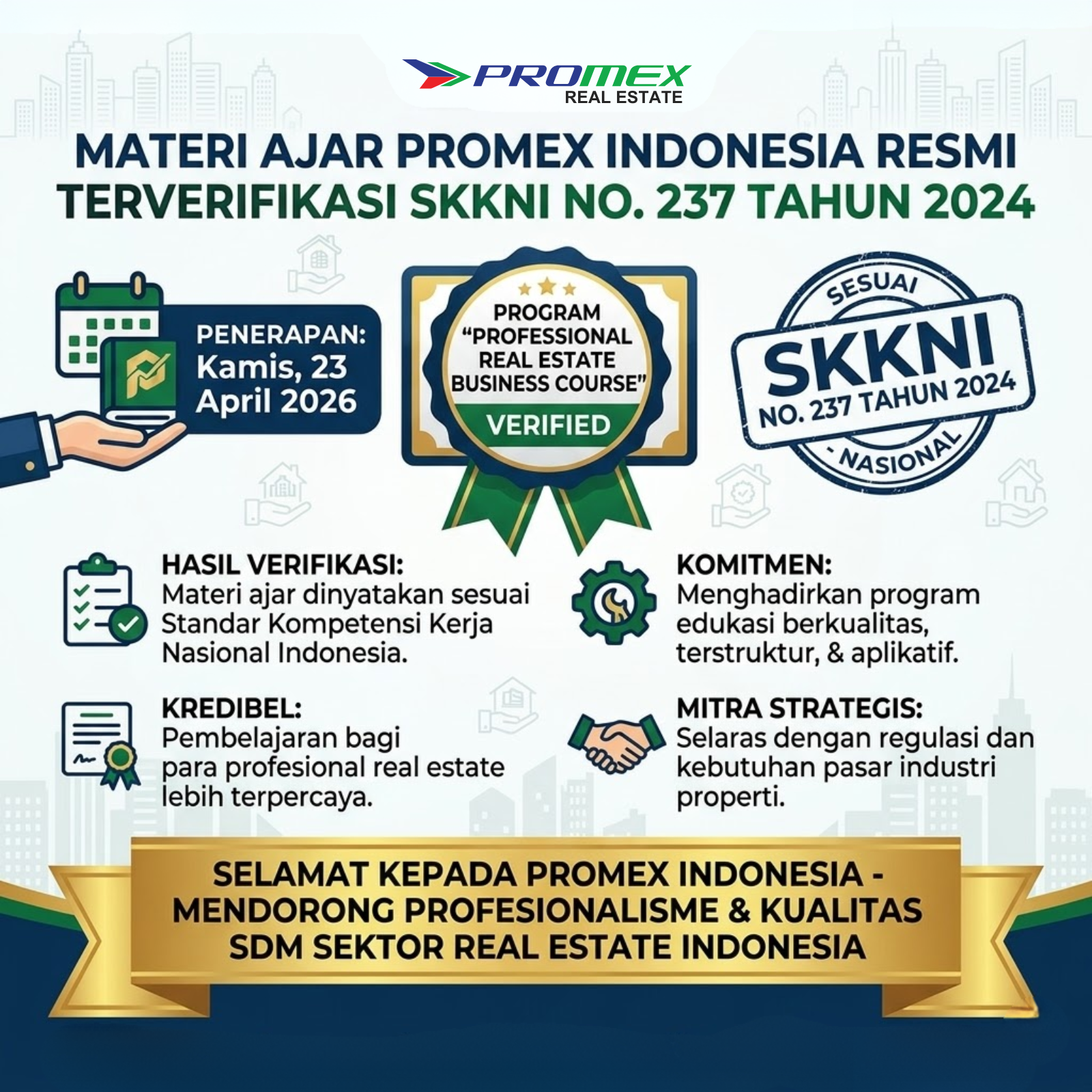 Promex Indonesia Raih Verifikasi Kesesuaian SKKNI untuk Program “Professional Real Estate Business Course”